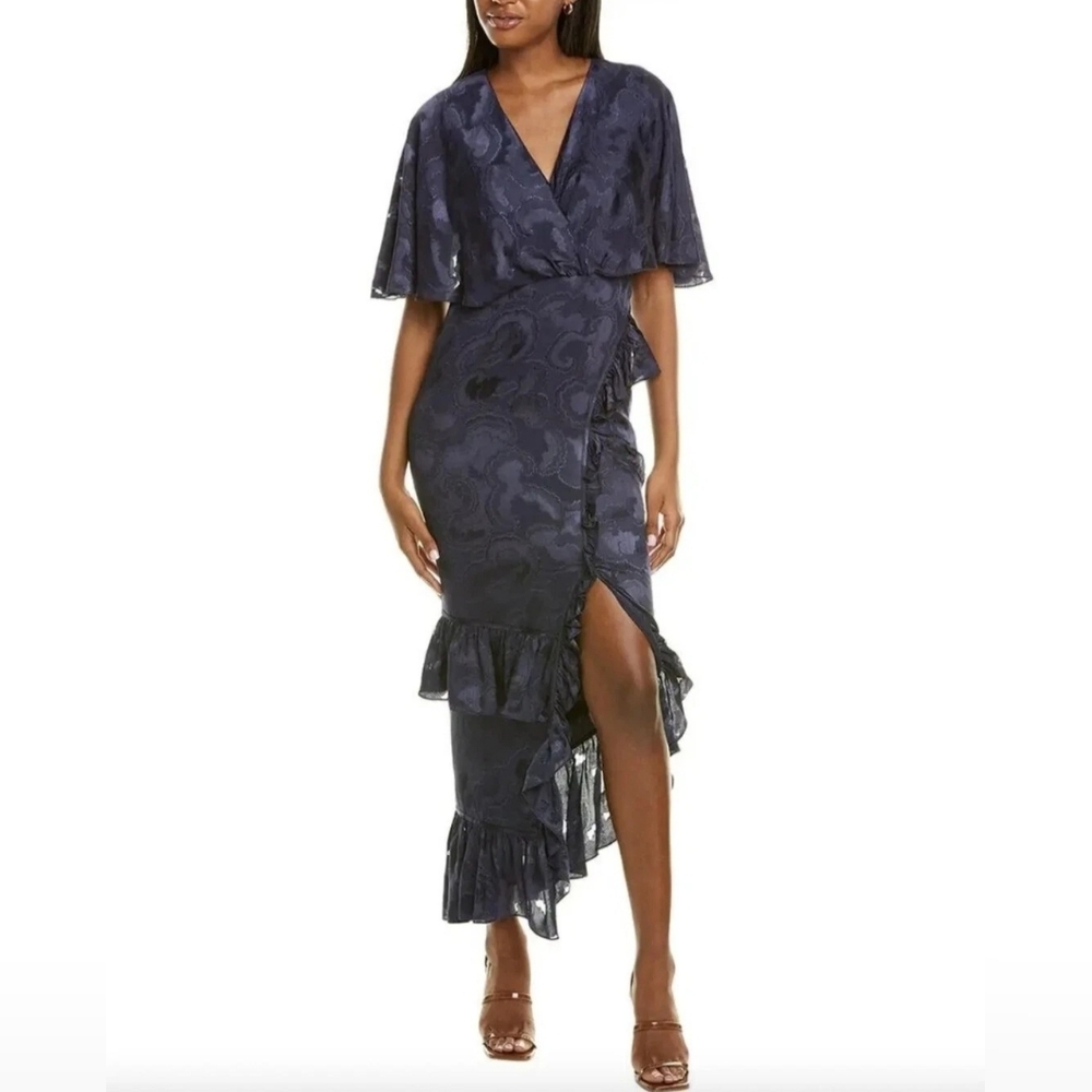 Saloni Silk Floral Navy Blue Midi Dress Size 6